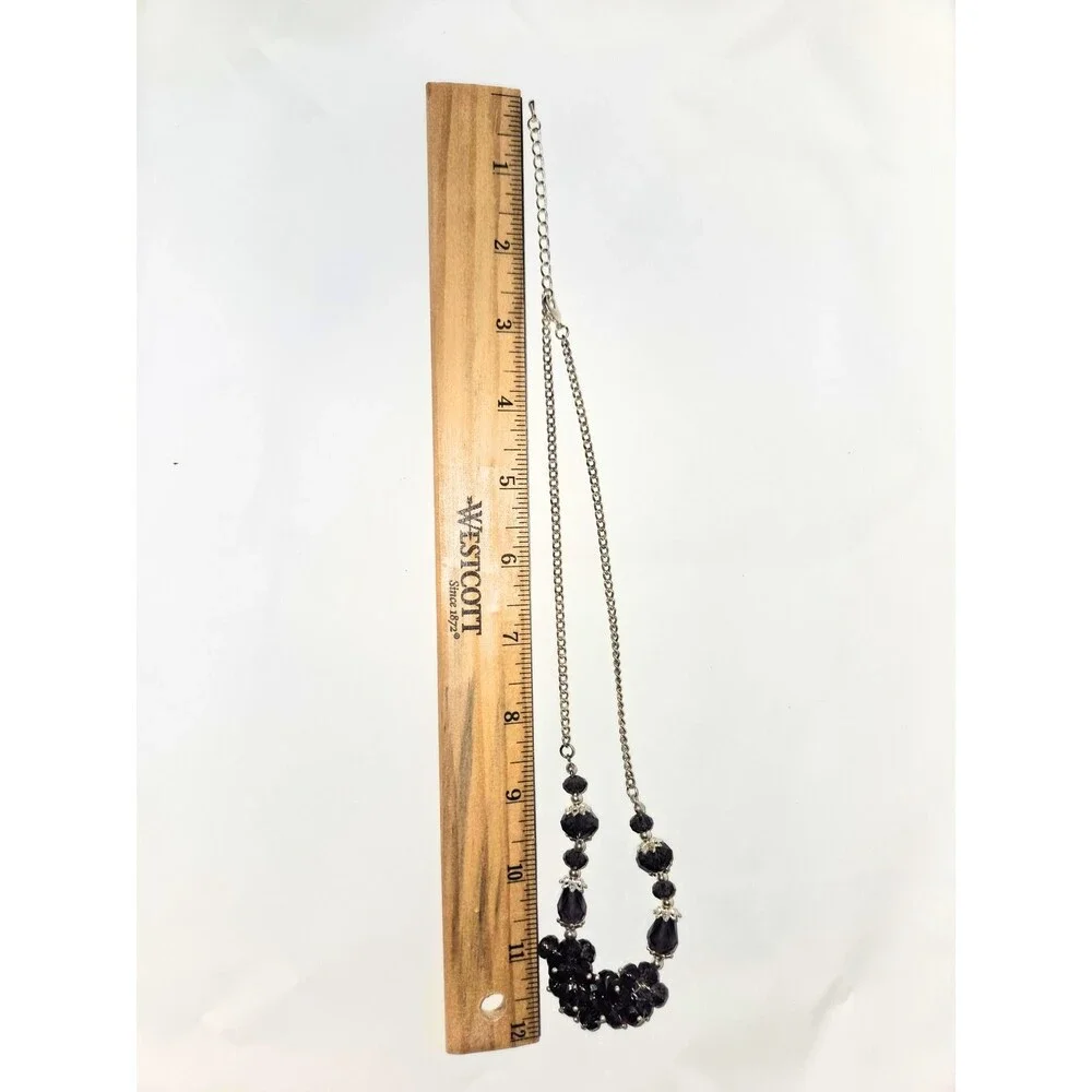 Purple Faceted Beaded Statement Necklace Silver Tone Chain Adjustable Length